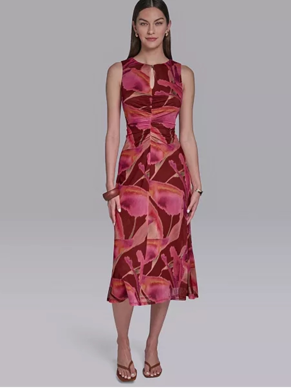 HALSTON Floral Ruched Keyhole Midi Dress – Size 8